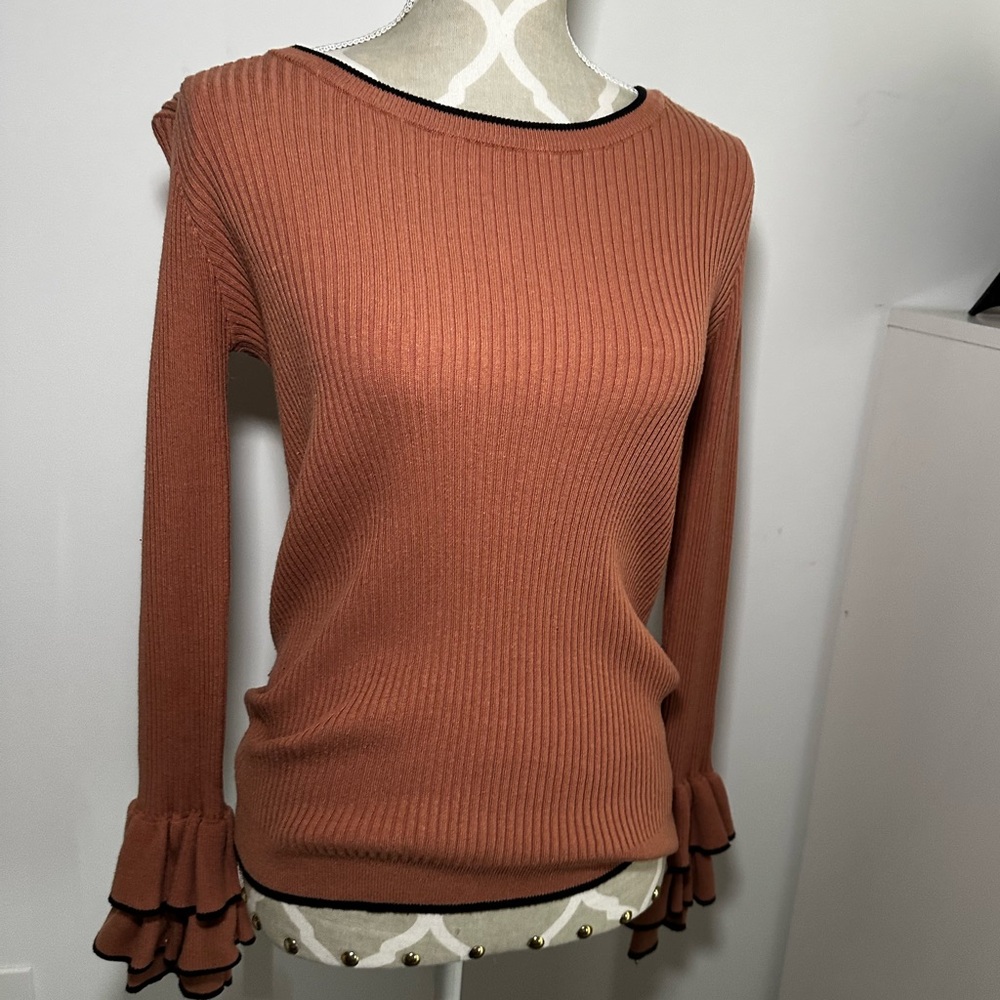 Rust Ribbed Sweater with Ruffle Sleeves - Picture 4 of 4